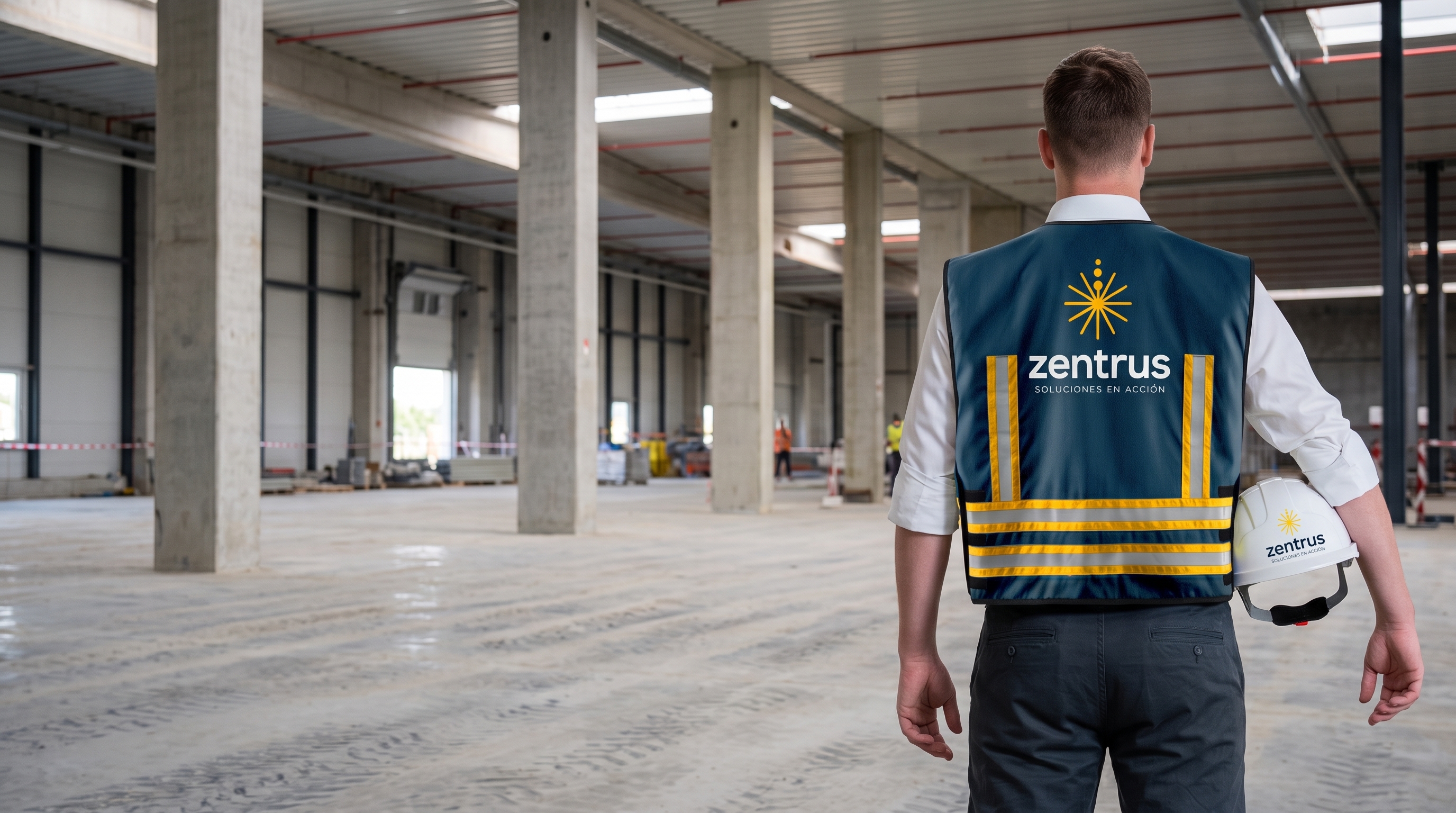 Técnico de ZENTRUS caminando por una nave industrial en obra, con chaleco y casco de la marca