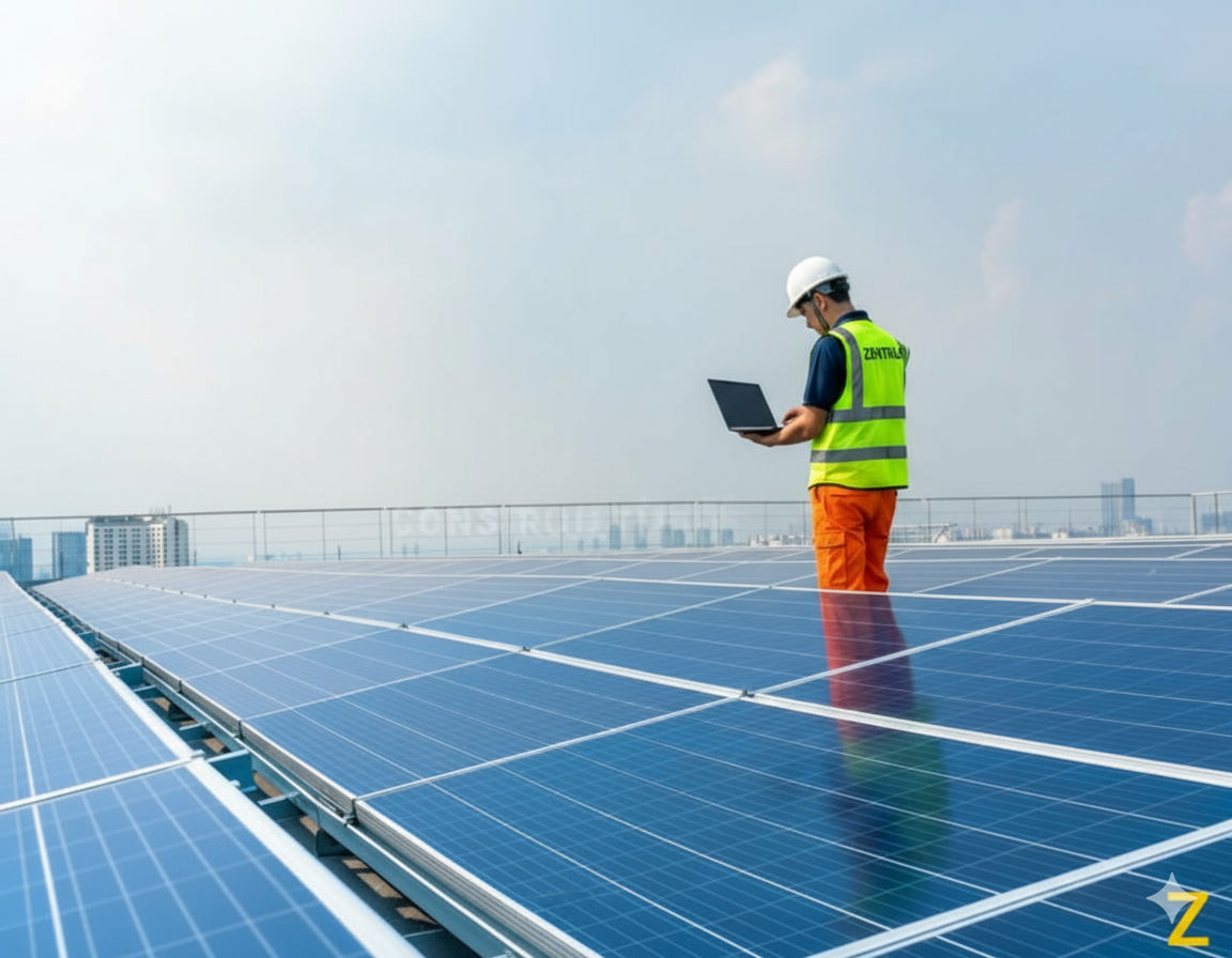 Técnico instalando paneles solares